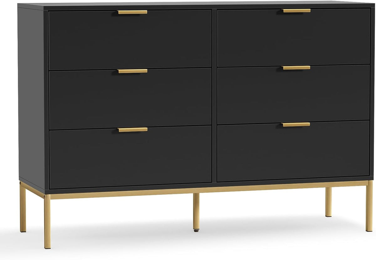 Black Dresser for Bedroom, Modern 6 Drawer Dresser, Chest of Drawers Closet Organizers and Wood Storage Clothes, White Dresser with Golden Handles Room, Hallway