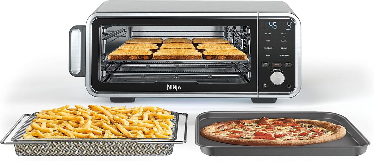 Toaster oven, air fryer, thermometer, toaster-air fryer combo, stainless steel material, quick cooking, french fries, frozen food, air frying, dehydrating, heating, 13 functions, less oil usage, flip-type oven