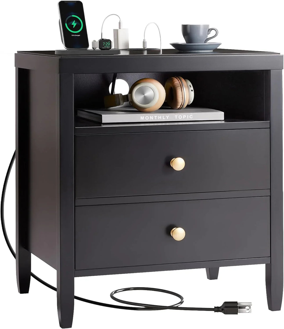 Modern bedside table with black metal finish - 2-piece set