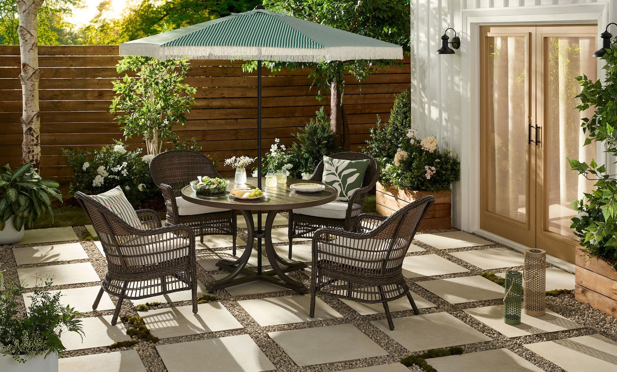 Lorette Outdoor Patio Round Dining Set with Wicker Chairs and Built-in Umbrella Pedestal, Brown, 5-pc