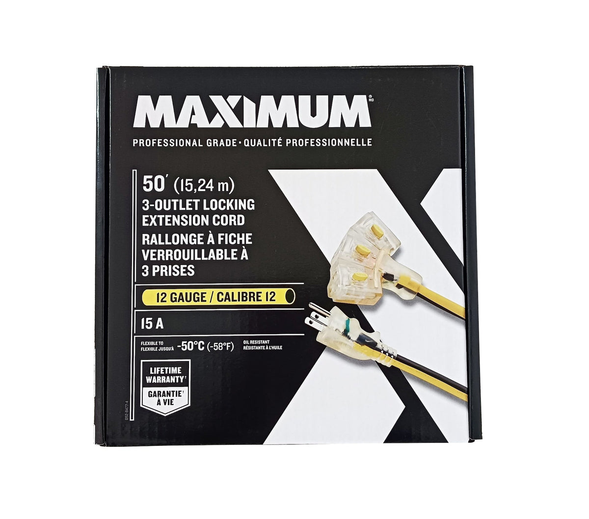 3-Outlet Locking Extension Cord, 50-ft, Yellow/Black