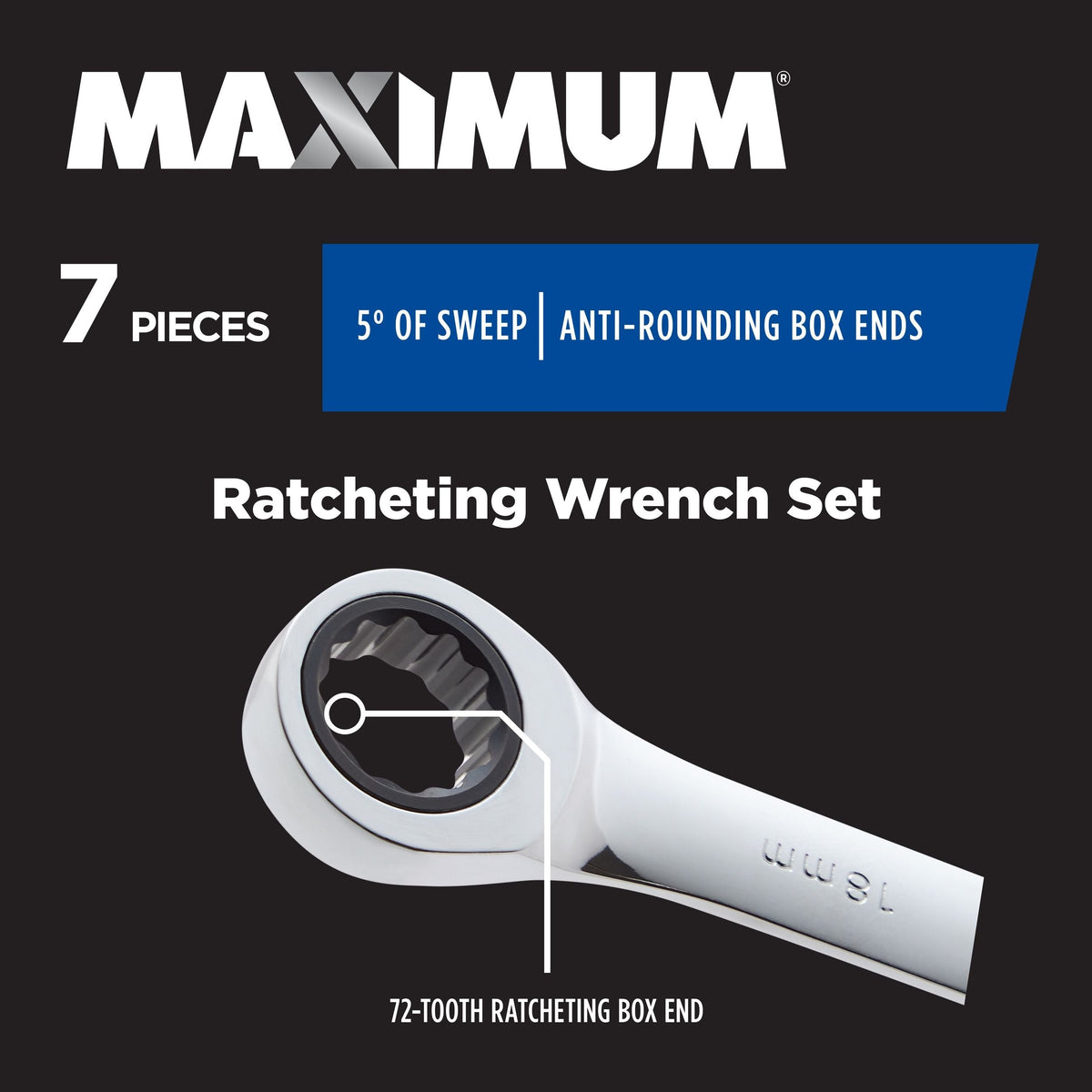 Ratcheting Wrench Set, Metric, Nickel-Chrome Plating, 7-pc