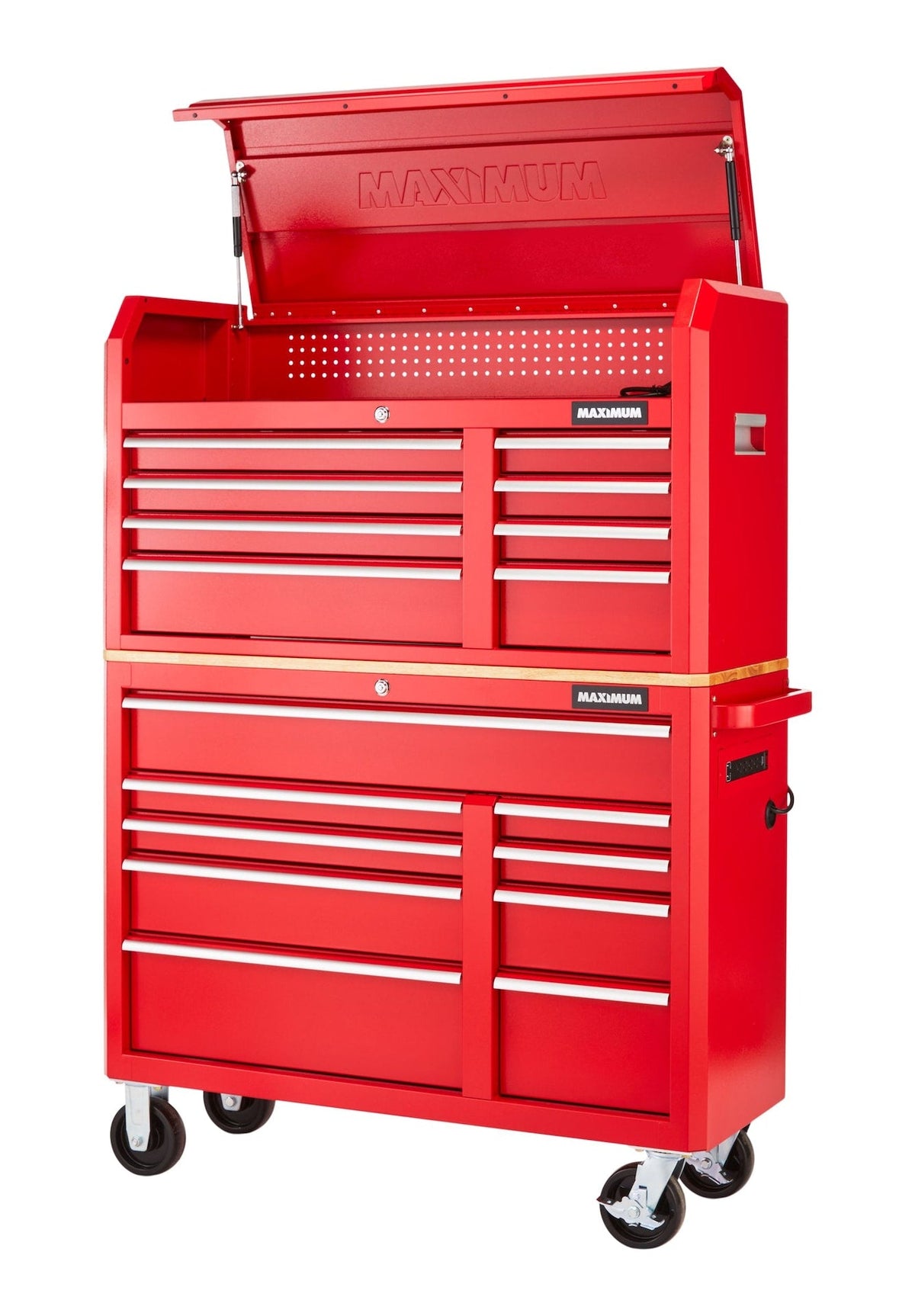 Tool Storage Cabinet, Built-In Power Bar with USB, 9-Drawer, 47-in, Red