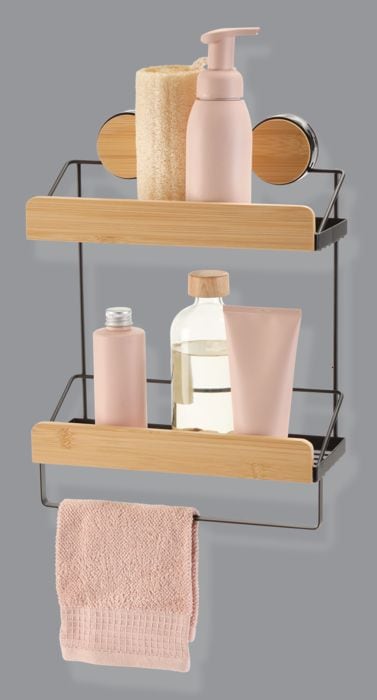 Wall Mounted 2-Tier Shower Rack, Black/Bamboo