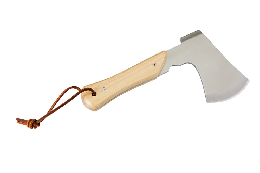 Mini Pack Axe, Steel Single-Bit Hatchet Axe with Wooden Handle, Leather Sheath & Strap
