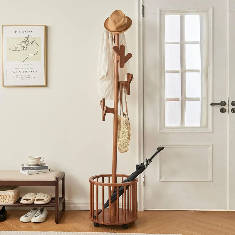 Wood Coat Rack Freestanding - Wooden Coat Tree Hat Rack with 12 Hooks, Clothes Coats Hanger Stand Rolling Racks with Umbrella Holder Wheels for Bedroom Entryway Hallway Livingroom (Walnut) R8033