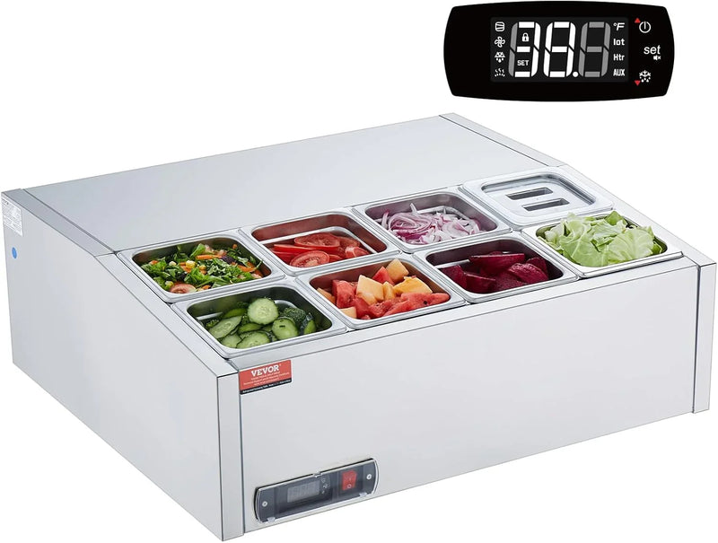 Refrigerated Condiment Prep Station, 135 W Countertop Refrigerated Condiment Station, with 2 1/3 Pans & 4 1/6 Pans, 304 Stainless Body and PC Lid, Sandwich Prep Table with Stainless Guard, ETL K1630