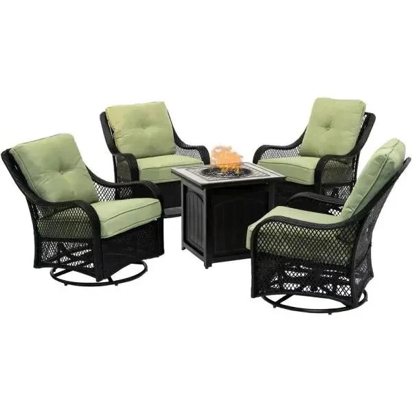 5-Piece Steel Patio Fire Pit Conversation Set with Navy Blue Cushions, Swivel Gliders and Square Fire Pit Table M0739