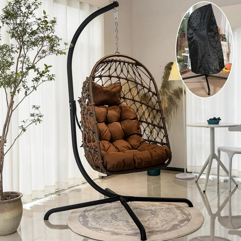 Indoor and outdoor egg-shaped rocking chairs with frames and covers, garden rattan hanging chairs, capacity 450 pounds, with UV-protective cushions, suitable for bedrooms, outdoor balconies, courtyards or living rooms (dark gray) X8949