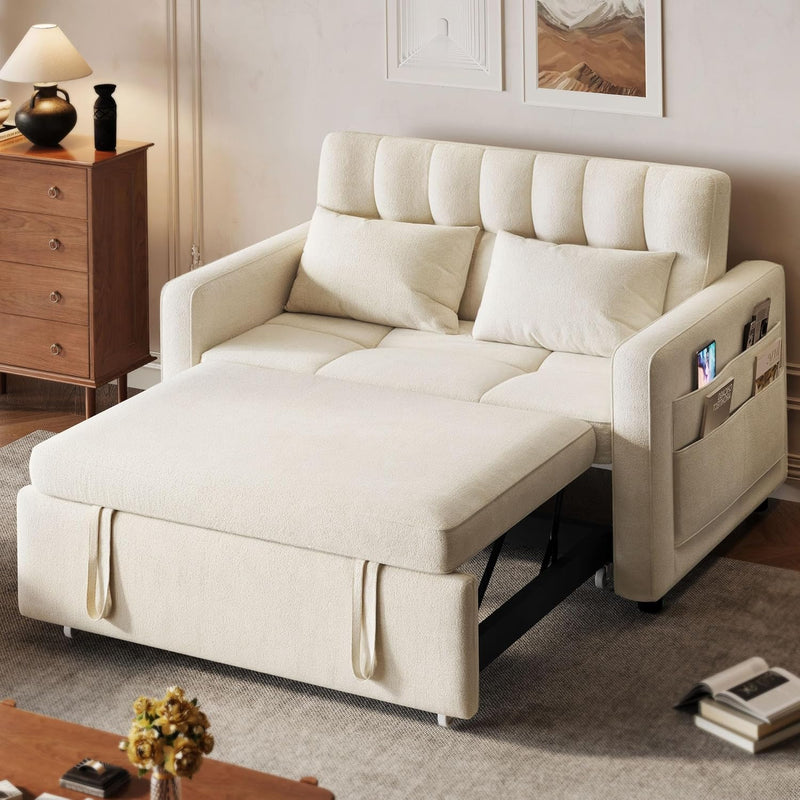 3-in-1 Convertible Sofa Bed, 55" Sleeper Sofa with Pull-Out Bed, Cat-Scratch-Proof Fabric Futon Couch with Adjustable Backrest and Side Pocket, Loveseat Room Apartment, Grey P4347