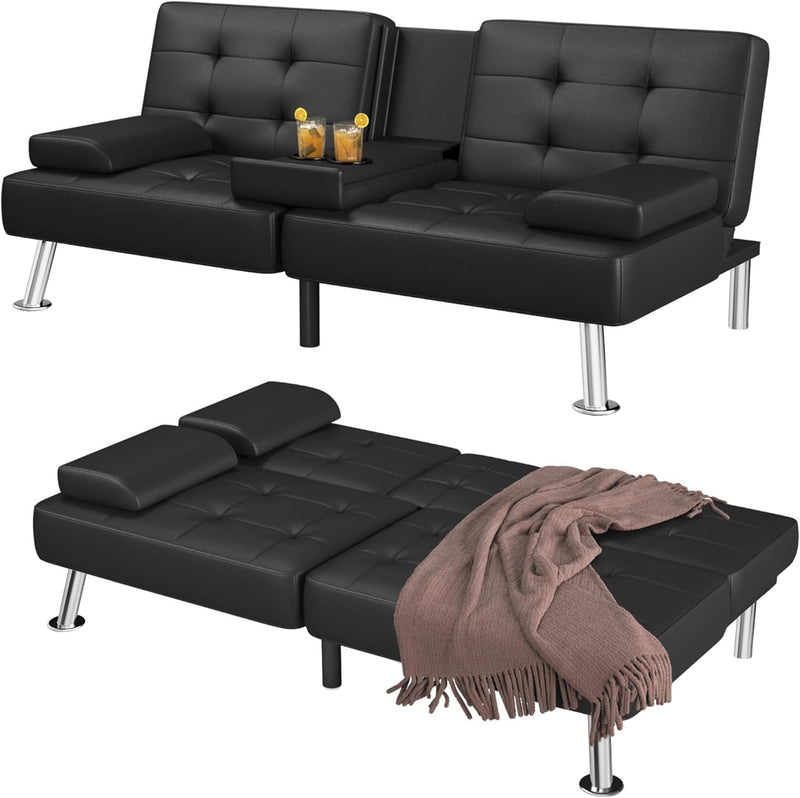 Futon Sofa Bed Convertible Folding Futon Set Modern Recliner Lounge for Small Room & Living Room with 2 Cup Holders, Removable Armrests (Artificial Leather, Black) H2630