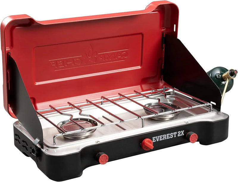 Camp Chef Mountain Series Everest 2X - High Output Two-Burner Camp Stove - Lid Doubles as Windscreen - Portable Cooking Stove - For Outdoor Cooking - 20,000 BTU Burners - 215 Sq In Cooking Area H1658