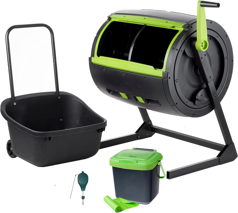 Two 65-gallon two-stage composting drums, equipped with large double doors and an open frame, are also provided along with a maze-style compost cart, a 1.85-gallon kitchen trolley-style compost bin, three rolls of corn bags, and a T1449