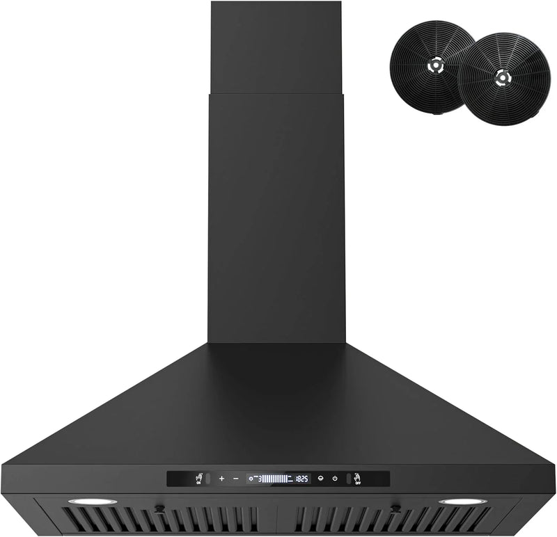 Wall-mounted black kitchen exhaust hood, 30 inches, 900 cubic feet per minute, built-in exhaust duct, three-speed exhaust fan, gesture/touch control, timer function, two baffles filters, stainless steel stove exhaust hood E6240