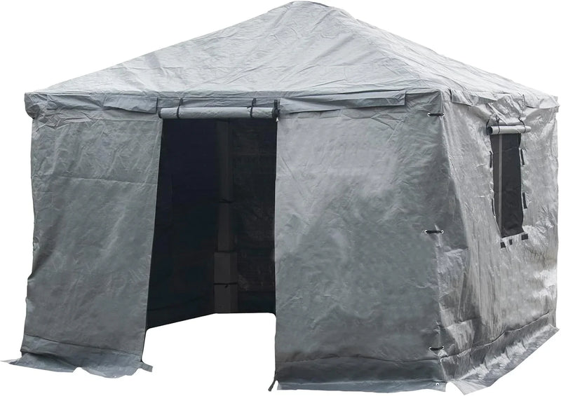 Universal winter tarpaulin, suitable for tall sunshades, used for storing barbecue grills and outdoor furniture, with fireproof and weather-resistant properties, measuring 10 feet by 12 feet, and in gray color. D6619