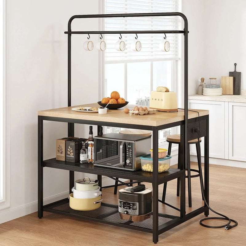Kitchen Island, Kitchen Island with Storage, Bakers Rack, Island Table for Kitchen, Bakers Rack with Storage, Large Kitchen Island Table, Coffee Bar Table with Shelf,5 Racks,Pear Wood White S8427