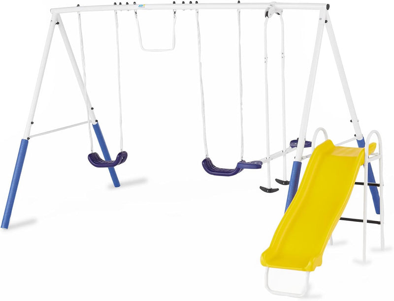 Recreation Blue Ridge Backyard Playground Set Sturdy Metal A Frame Swing with Chain Covers, Glider, Trapeze, 2 Swings, and Slide, Multicolor S2507