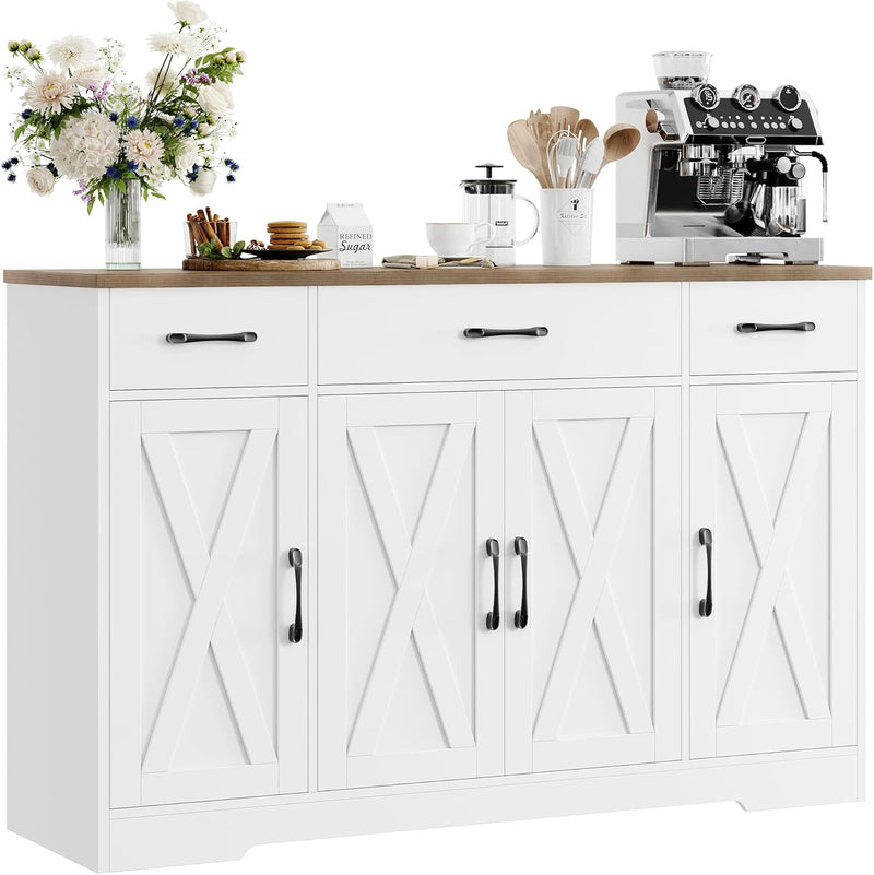 Drawer-equipped buffet-style cabinet, 55-inch large side cabinet-style storage unit with shelves and 4 doors, modern country-style coffee bar-style cabinet, wooden kitchen and dining room storage unit, white/rustic style K8691