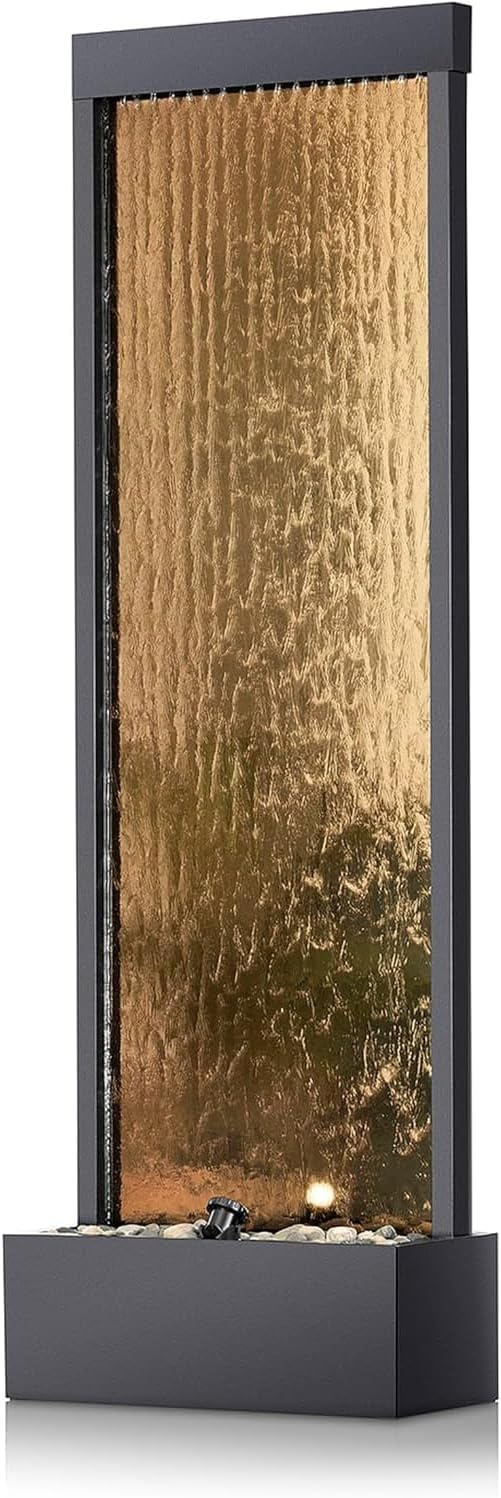A mirror-floored waterfall fountain with stones and lights - suitable for offices, living rooms, terraces, entrances as a serene indoor/outdoor decoration - 48 inches (bronze color) U6323