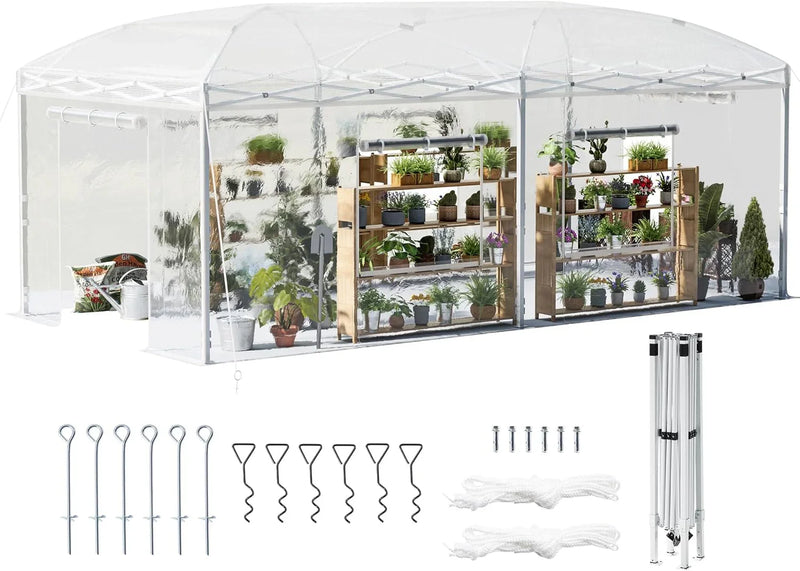 19.2×9.7×8.5 feet Outdoor upgraded retractable greenhouse with adjustable reinforced frame, portable walk-through greenhouse, equipped with 2 rollable zipped doors and mesh windows, PE shell, white D4102