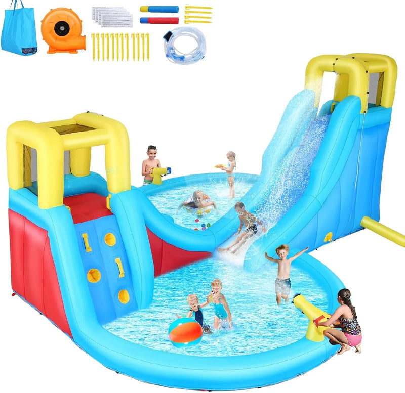 Inflatable Water Slide, 6 in 1 Outdoor Inflatable Water Park with Climbing, Basketball Rim, Splash Pool, Water Cannon, Blow up Water Slides for Kids Backyard K5060