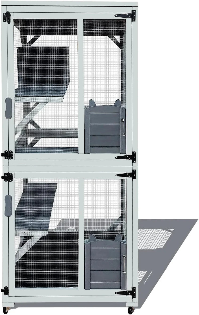 62.6-inch wooden outdoor cat house, large cat cage room, equipped with 7 platforms, 2 rest boxes and a rainproof roof, suitable for multiple pets to use. Step-in cat apartment shelter, white model N8299