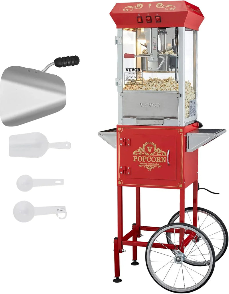 Popcorn machine, 12-ounce pot capacity, 1440-watt countertop popcorn machine, can produce 80 cups per batch, cinema-style popcorn machine, equipped with 3 switches for control, steel frame, tempered glass door, 1 pot, 2 spoons, red version D5024