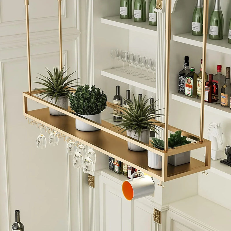 Wall Mounted Wine Rack for Bars & Restaurants Gold Metal Hanging Storage for Wine Bottles & Stem Glasses Perfect for Dining Room & Kitchen Decor Space Saving Design P1064