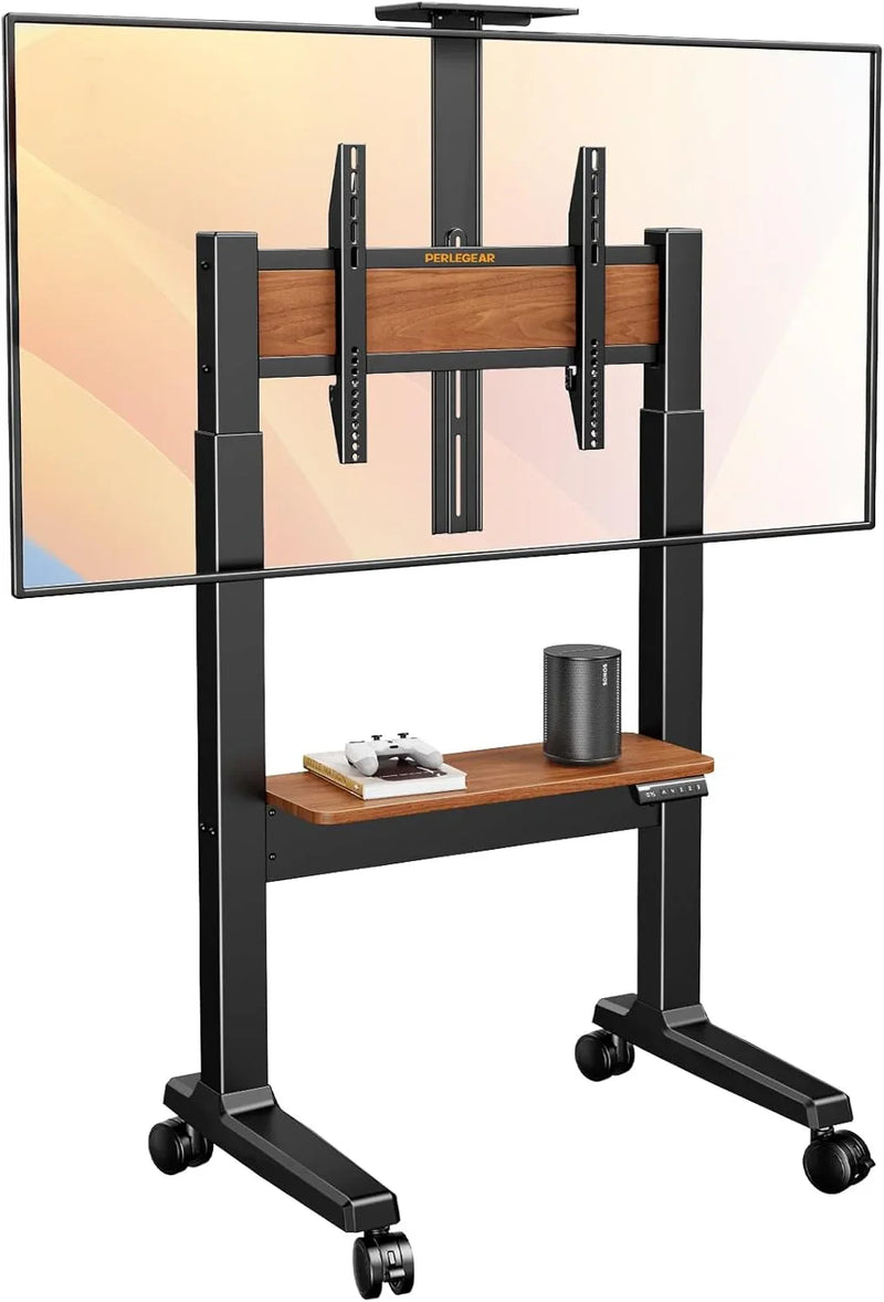 Motorized Mobile TV Stand on Wheels for 37–86 Inch TVs up to 154 lbs, Electric Height Adjustable Rolling TV Stand, VESA 200x200–600x400mm, Wooden Shelf & Panel, PGTVMC26B V2892