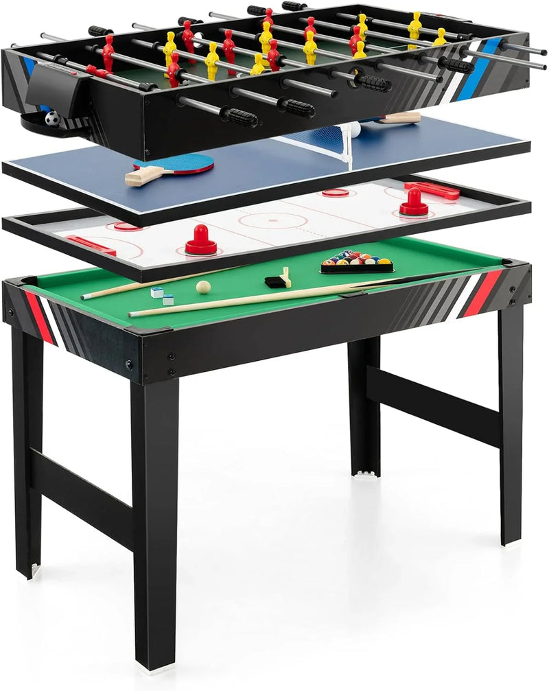 The multi-functional game table integrates a football table, a billiards table, an air curling table and a table tennis table. It is an ideal combination game table for a family game room. M4016