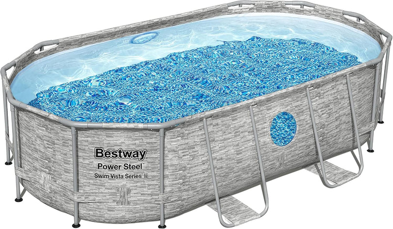 The robust steel swimming pool " Series II" - a 14 feet x 8 feet 2 inches x 39.5 inches outdoor above-ground pool package, equipped with a 530 liter/minute filtration pump, ladder and pool cover. A6513