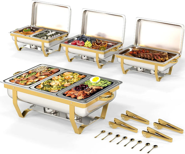 4 Pack Stainless Steel Chafing Dishes for Buffet, 9 QT Capacity 7 Pans Food Warmers for Parties, Weddings, Events Hosting, Family Gatherings, Full Set Catering Server with Serving Utensils Accessories U0662