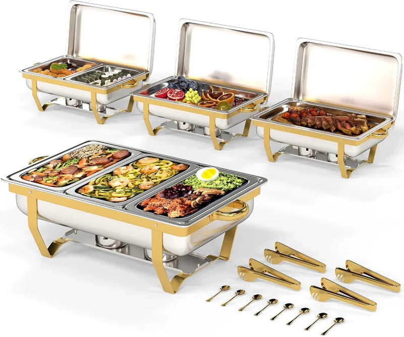 4 Pack Stainless Steel Chafing Dishes for Buffet, 9 QT Capacity 7 Pans Food Warmers for Parties, Weddings, Events Hosting, Family Gatherings, Full Set Catering Server with Serving Utensils Accessories U0662