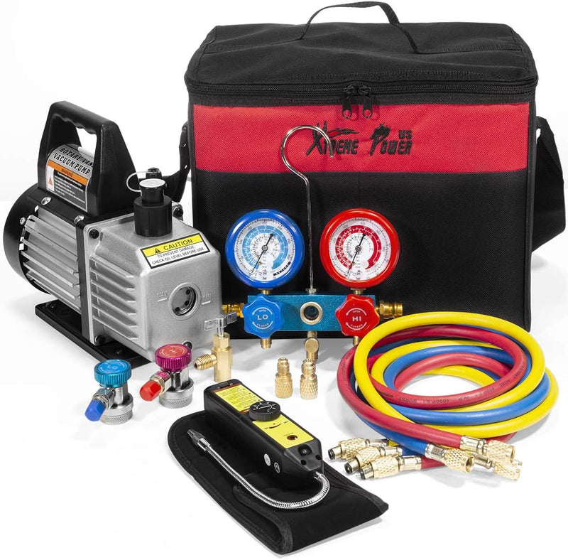 Premium 4CFM Air Vacuum Pump HVAC A/C Refrigeration Kit AC Manifold Gauge Case Set R134a Tap w/Leak Detector and Carrying Tote Bag E5019