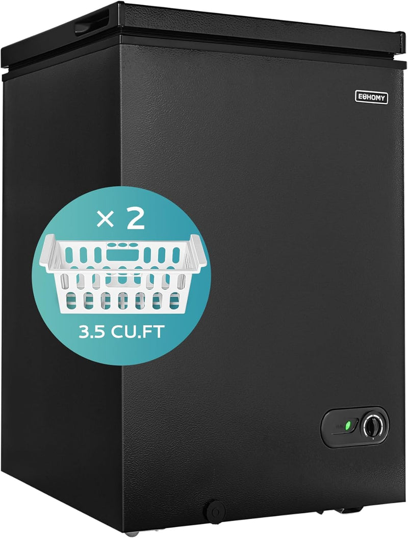 3.5 Cu.Ft Chest Freezer with Removable Basket, Small Deep Freezer Adjustable 7 Thermostat, Quiet Mini Freezer Free-Standing Top Door, Energy Saving for Apartment/Garage/Basement/Dorm/Home,Black R8378