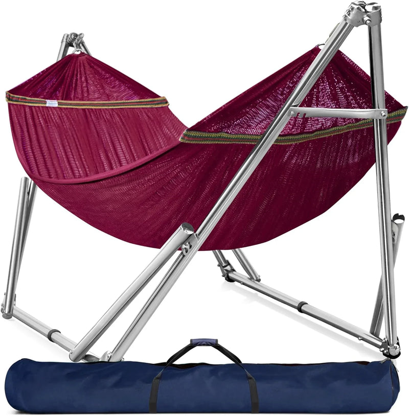 Double hammock with frame, with a load capacity of 650 pounds, double hammock with support rods, made of high-quality 201 stainless steel, assembled in 30 seconds, sturdy and flexible portable hammock frame, suitable for outdoor and indoor X8638