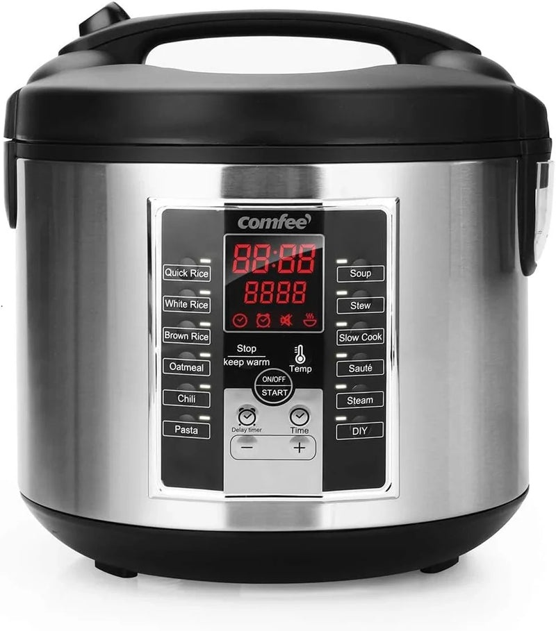 Compact electric rice cooker, 6-in-1 stainless steel multi-functional cooking utensil, slow cooker, steamer, frying pan, heater and warmer, 2-gallon capacity (8 cups cooked, 4 cups uncooked), suitable for brown rice, quinoa and oats, 6 Q7016