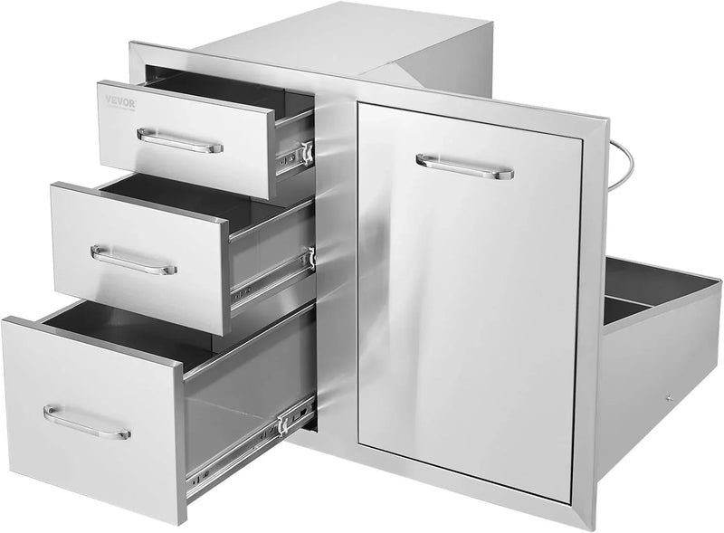 Pull Out Trash Drawer 13.4"W x 25.7"H x 19.6"D Lower Sliding Rails Stainless Steel Roll Out Trash Bin Pull Out Tray Outdoor Kitchen Trash Drawer with Handle for BBQ Island Grill Station R2007