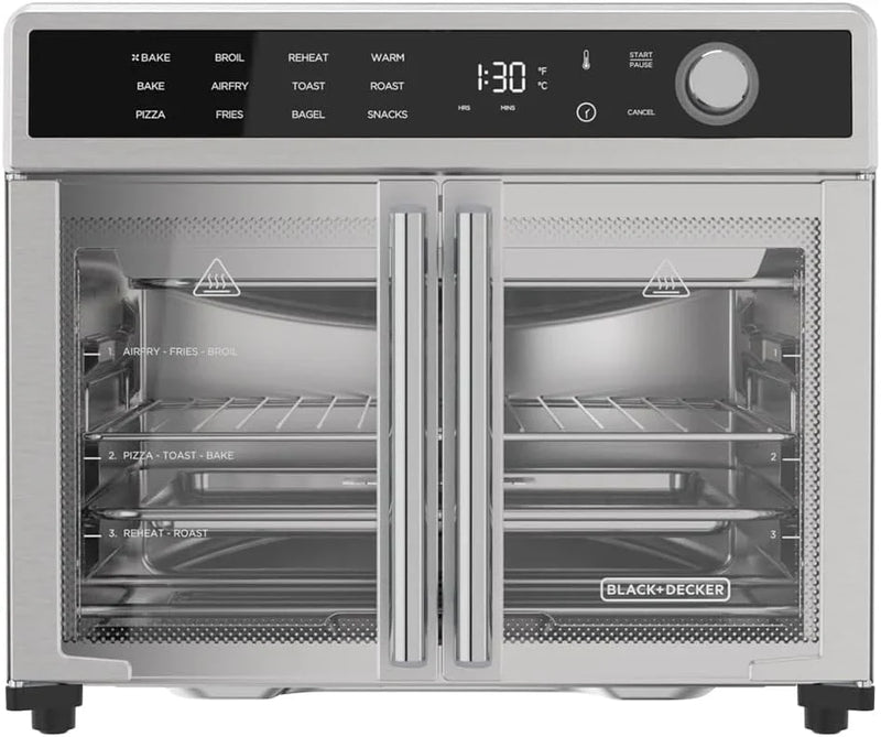 Fryer Toaster Oven Combo, 12 in 1 Countertop Convection Oven Cooks Food Fast, Fits a Whole Pizza or 6 Toast Slices, French Doors with Stainless Steel Finish S1801