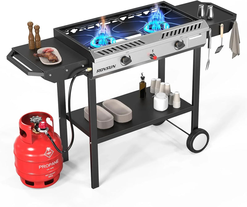 2 Burner Outdoor Propane Gas Stove with Griddle, Auto-ignition, Regulator & Side Shelves, 150,000 BTU Powerful Stand Cooker for Backyard Cooking Home Brewing Canning Frying Grilling C6032