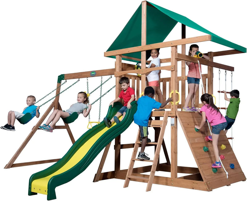 Mount Mckinley Cedar Wood Swing Set with Wave Slide, Play Deck, Double Rock Wall, Rope Ladder, Web Swing, Belt Swings, Toy Telescope, Steering Wheel, Sandbox Area, Outdoor Playset N1851