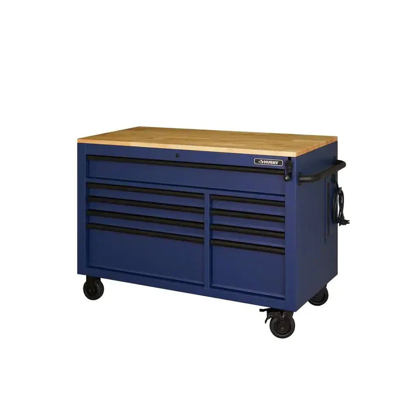 Heavy-Duty 52 in. 9-Drawer Mobile Workbench with Adjustable-Height Solid Wood Top in Matte Blue V1209