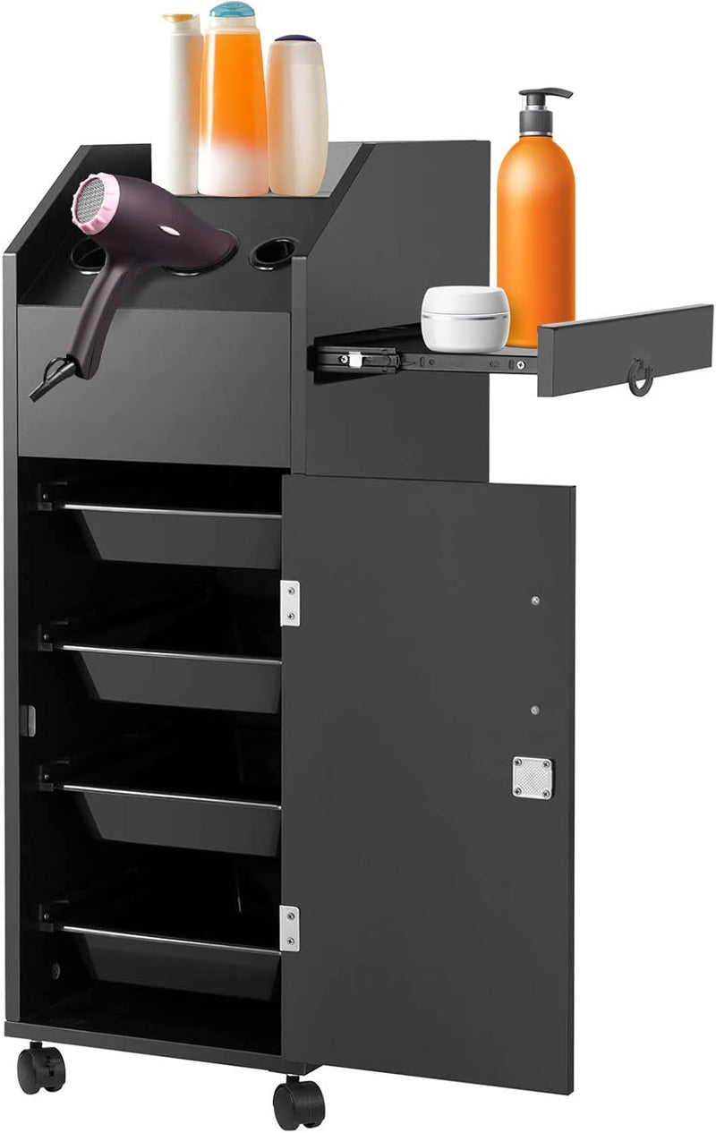 Hair Salon Trolley Cart Salon Storage Cart Rolling Salon Cart with Wheels Lockable Drawers Hair Dryer Holders Side Tray for Barbershop Tattoos Beauty Hairdresser Station, Black G4778
