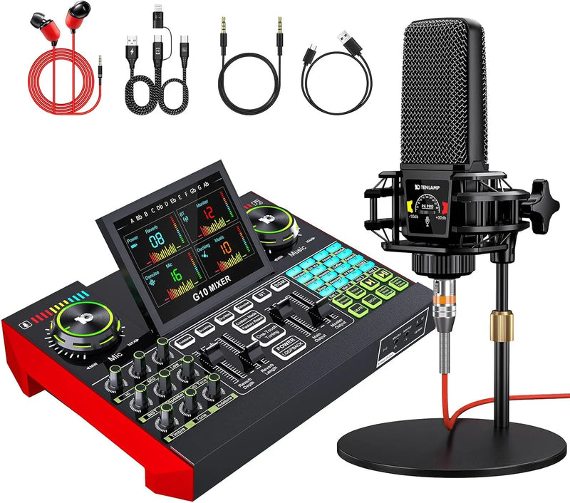 Podcast Equipment Bundle,with 3.5mm Condenser Microphone & Live Sound Card - Audio Mixer for Streaming, PC/Mobile Live Singing, Gaming Content Creators, Soundboard with USB Computer Interface W0818