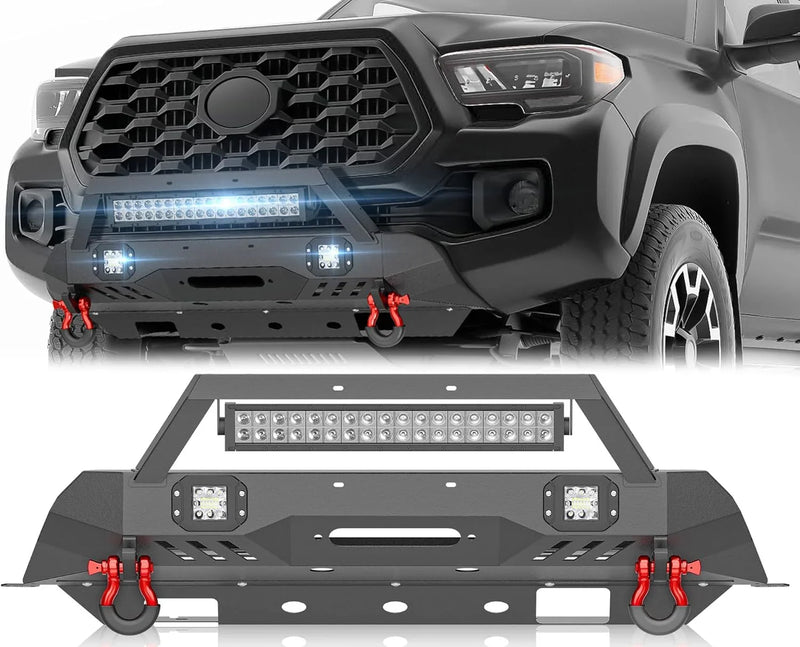 for Tacoma 3rd Gen Stubby Front Bumper Compatible with 2016 2017 2018 2019 2020 2021 2022 2023 Tacoma with Skid Plate, Winch Plate, License Plate Frame, LED Lights & D-rings, Black D3301
