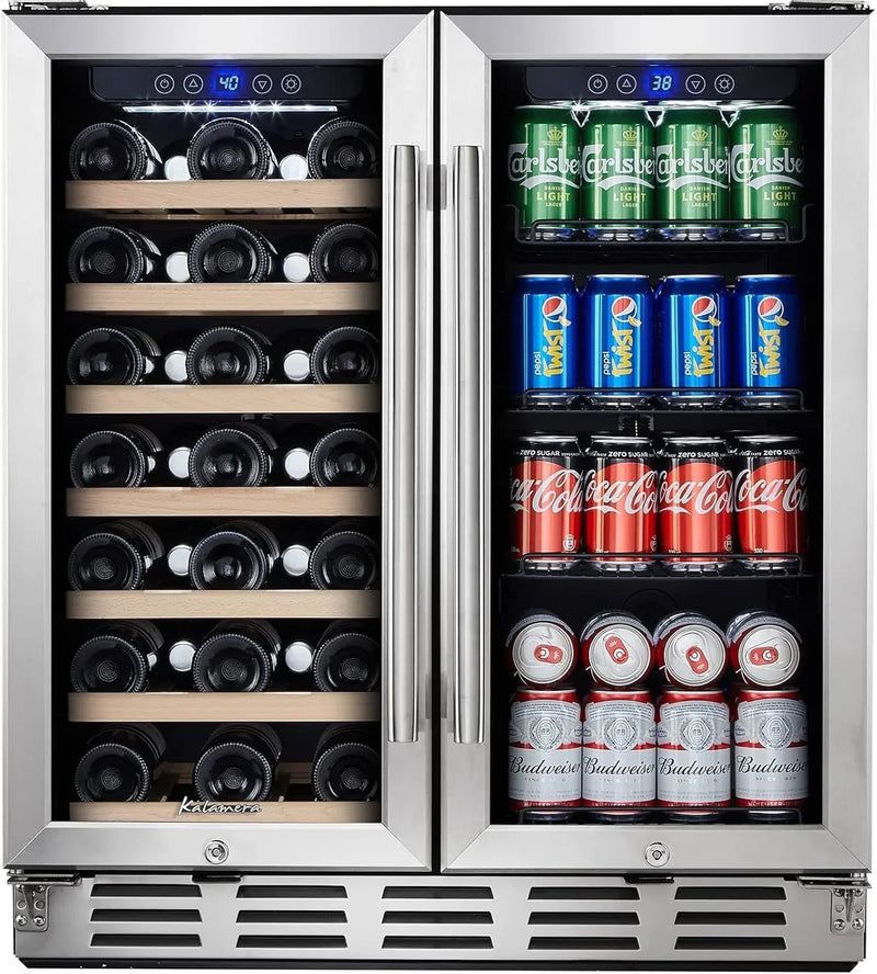 24 inch Wine Cooler, 46 Bottle - Dual Zone Built-in or Freestanding Fridge with Stainless Steel Reversible Glass Door, for Home, Kitchen, or Office. Y0268