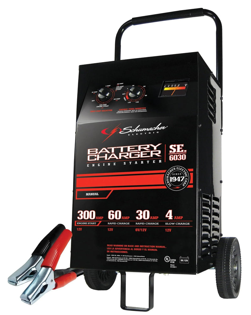 Electric Wheeled Battery Charger and Engine Starter, SC1446, 2-in-1, manual timer control, 300 crank amps, 6 volts, 12 volts, for car, SUV, truck and Marine batteries G7139