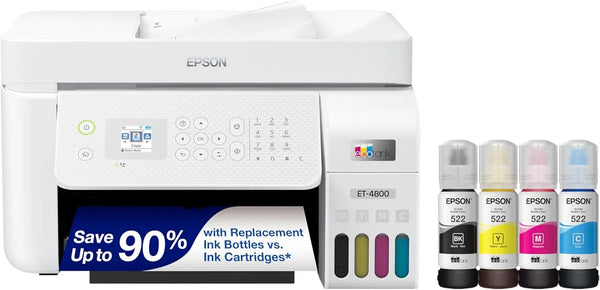 Epson EcoTank ET-4800 Wireless All-in-One Inkjet Printer, Scanner, Copier, Fax, ADF, Ethernet, White X0379