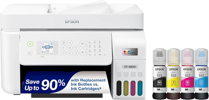 Epson EcoTank ET-4800 Wireless All-in-One Inkjet Printer, Scanner, Copier, Fax, ADF, Ethernet, White X0379