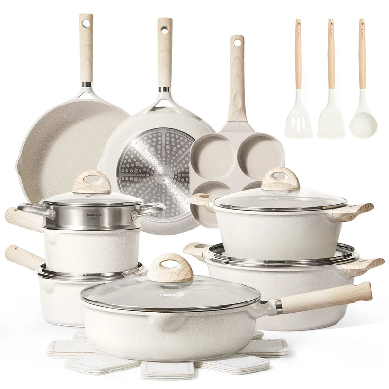 Carote Non Stick Pots and Pans Set, 21 Pcs Induction Kitchen Cookware Sets (Beige Granite) L9924